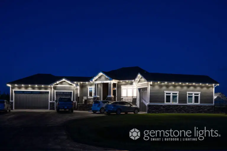 Gemstone Lights illuminating a home exterior with clean, white LED soffit lighting