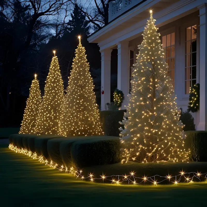Holiday and Christmas light installation with yard trees covered in glowing net lights