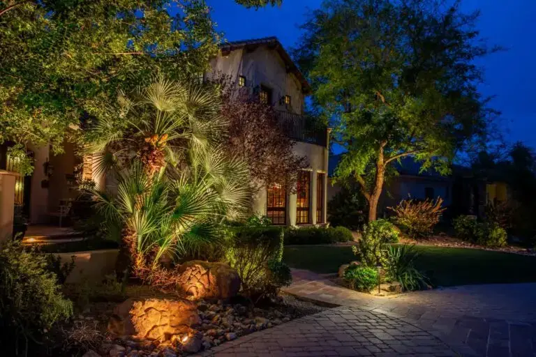 Front yard trees and landscaping beautifully illuminated with professional landscape lighting, creating a welcoming nighttime scene.