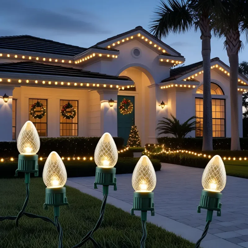 One-story house with Christmas C9 lights in warm white along the roofline, front doors, and bushes with seasonal holiday décor