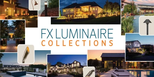 Collage of FX Luminaire landscape lighting fixtures and outdoor lighting collections