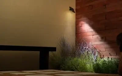 FX Luminaire down light fixture casting warm light onto wood siding and garden plants