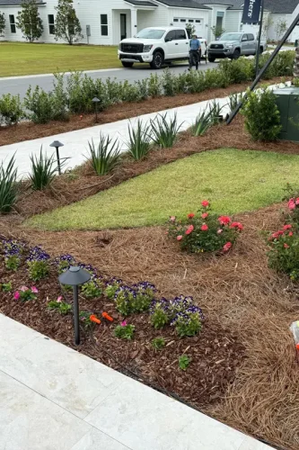 Close-up of landscape path lights installed in flower bed and along walkway by Emerald Coast Illumination