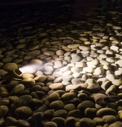 Underwater landscape light with visible wiring on river rock, illustrating the need for professional repair in Panama City