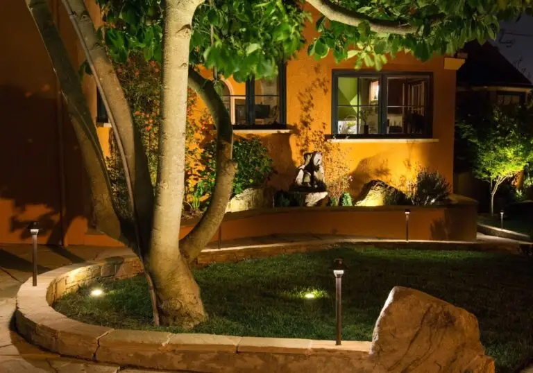 Curved garden walkway lit with path lights and tree uplighting at night