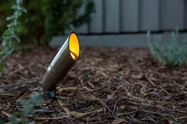 Close-up view of a bronze uplight landscape fixture installed in mulch, ready for outdoor tree or architectural lighting.