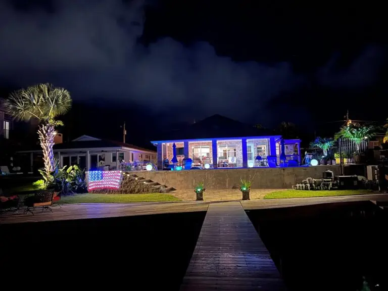 Purple outdoor lighting for year-round events