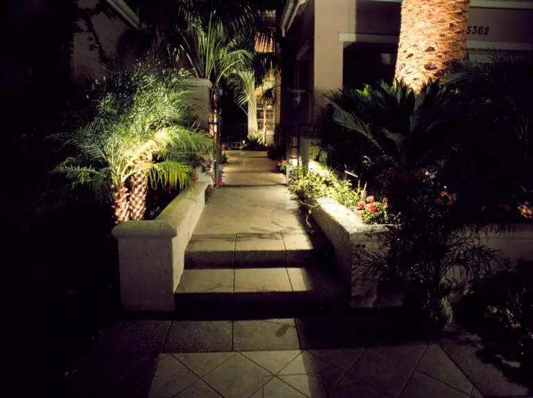 Palm trees and curved brick path illuminated at night with copper fixtures