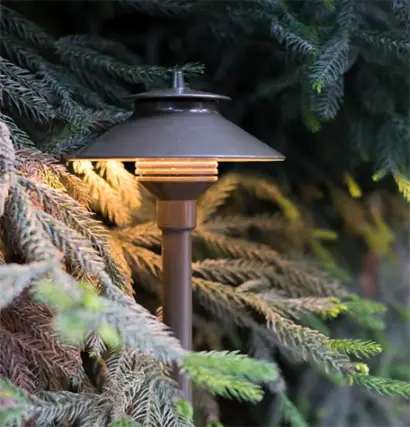 Path light fixture nestled among overgrown foliage, illustrating the need for professional trimming and maintenance in Panama City