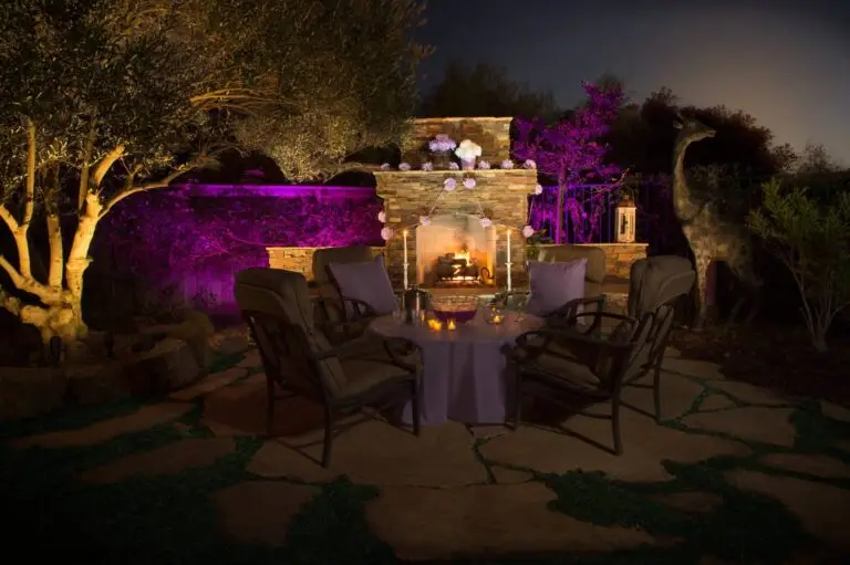 Romantic patio with Valentine's Day outdoor lighting in soft purple and pink hues
